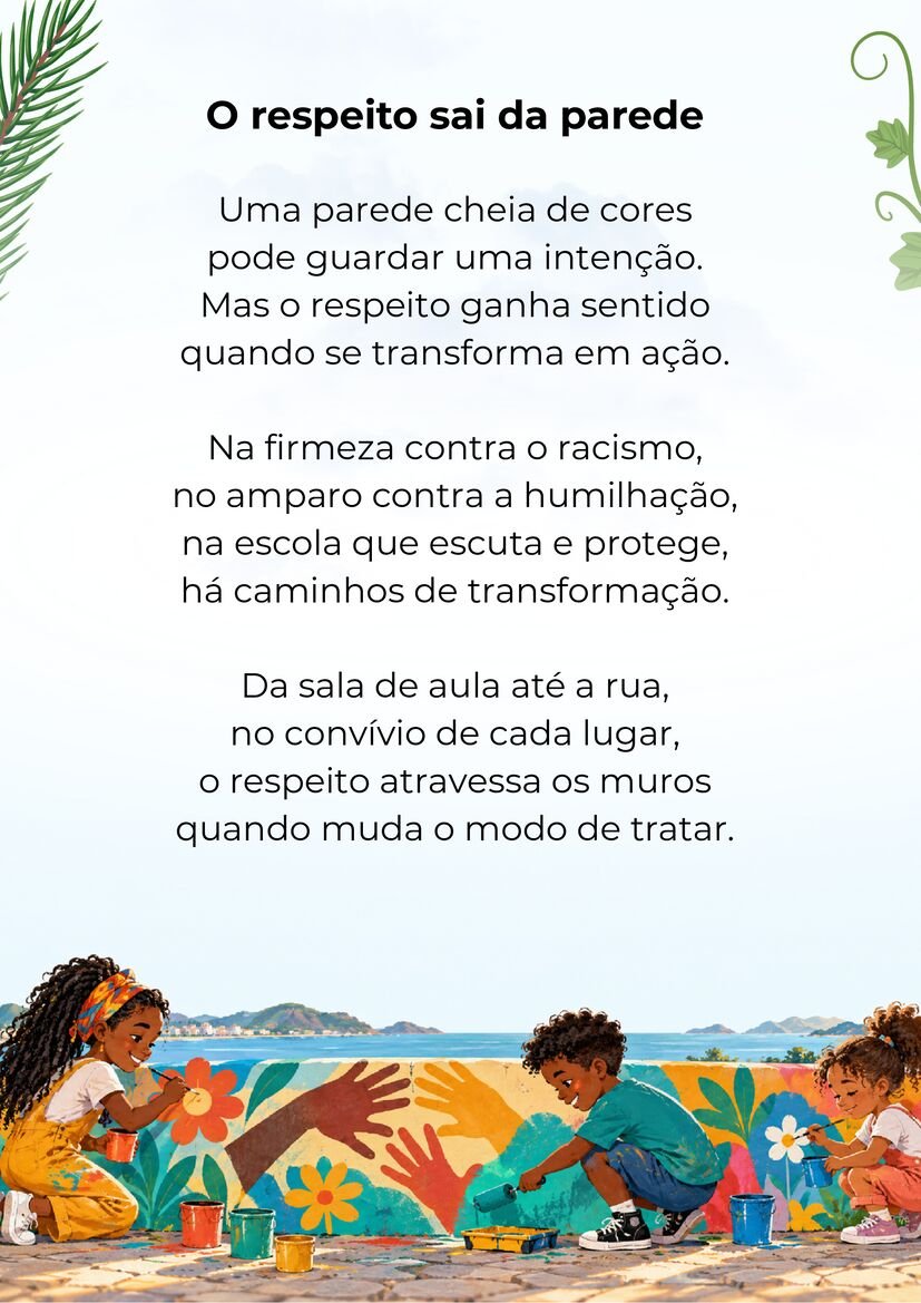 Poema O respeito sai da parede, com uma mulher e crianças pintando um mural com mãos de diferentes cores.